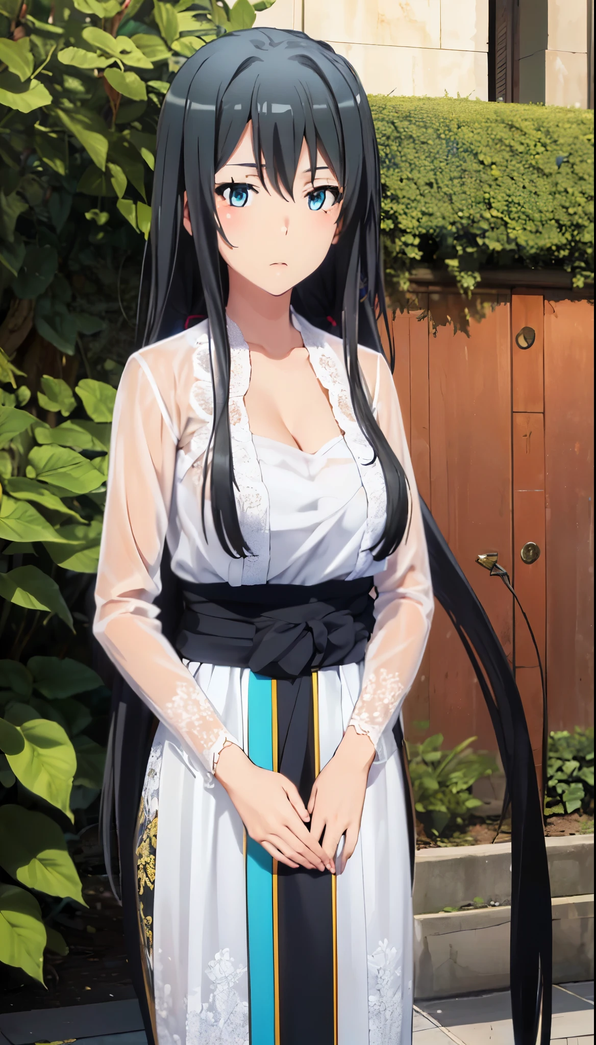score_9, score_8_up, source_anime, 1girl, solo,The photo shows a young person standing outdoors, They are smiling and wearing a white t-shirt with a design featuring a rabbit and text, paired with a patterned purple sarong or long skirt and sandals. The background appears to be a garden or a green outdoor area..(bound wirsts), (arms behind back), (tapegag, tape gag), dramatic, (looking at viewer), (detailed pupils:1.3), ,red rope, thick rope,normal breast,full body ,long hair,black hair,ponytail hair, butterfly hair tie