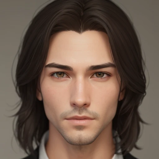 There is a Man  (mature and normal )    26 years old ,       with long hair and white suit       , asistente hiper      realistic      , sujeto hiper      realistic      , Chico anime joven      realistic      ,      anime style realism      , estilo de arte anime      realistic      , estilo de arte de anime      realistic      , Estilo anime 3D      realistic      ,      portrait de una chico anime,      artwork in the style of Guweiz     ,     Detailed          portrait de una chico anime, increíble      portrait de rostro de anime . model,     of Japanese origin ,  I just saw the spectator      ,      portrait(      realistic      :1.4), (:1.0), Gris eyes ,      squinting eyes    (perfecta) ,     normal eyes (perfect),eyelash(perfecta),shirt, grey suit,  colored hair (brown ),  perfect hair with ,     straight hair strands     (perfect), ( secretario professional ), hairstyle type  (Hime, loose), oval and elongated face ,ELONGATED FACE,   triangular chin , thin face,  slim build , (    Detailed    , ultra ,,-    Detailed    , high     Detailed    , ultra      realistic      8K CG,      perfect artwork , lyrical), wooden table , flores, Internal,          expression(carefree, Serious) ,     no earning, film, bokeh, professional, 4k,      Dynamic and very detailed lighting    , fotor      realistic      , 8K, raw, rico,    intricate details , without mustache