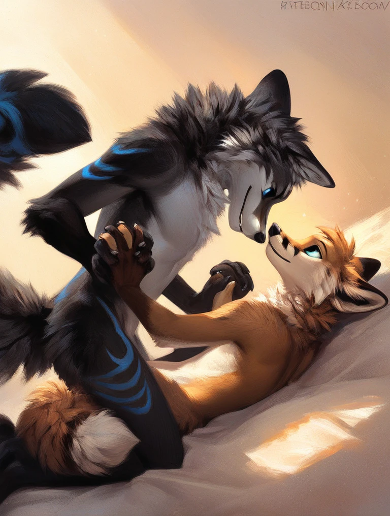 score_9, score_8_up, score_7_up, source_furry, rating_safe, by kenket, anthro, duo, male/male, wolf, black body, blue eyes, fox, white body, doggy style, on back, face to face, holding hands
