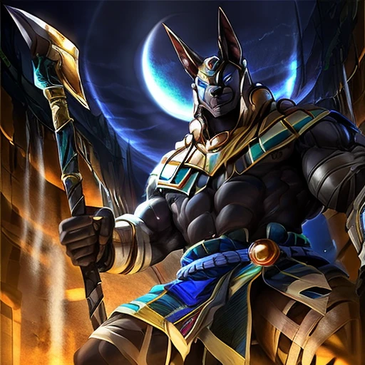 Alone, 1 jackal, furry, brown hair, eyes, jackal tail, eyes, 5 fingers,  nails black claws,  clothes of God Anubis , wearing a blue and gold Egyptian long cloth tunic ,  bump , (Nasus lol ), bodybuilder,  detailed muscles ,  defined muscles ,  very thick muscles,  defined abdomen ,  large upper muscles, Very huge chest , more robust body ,  large lower muscles ,  well-defined thigh muscles ,  defined calves, 3,57 tall, 550 kg of weight ,  Long legs, long arms, Purple eye , bright blue pupils,  detailed eyes ,  holding axe trinkets ,  another hand gesture of an imposing God ,  detailed teeth, confident pose, pose sexy,  in front of the spectator, close to the viewer, visão low angle do espectador embaixo do peitoral dele,  looking at the viewer , confident look, Smile half open, detailed teeth,  eyes kinda tight with horny , spectator wearing a ripped , 88 tall ,  desert of Egypt enter the pyramid, Torches around illuminating the , The northern lights, take the key,  a bit of mysterious fog , moonlight, take the key, 4K,  good resolution ,  perfect anatomy ,  great quality , masterpiece,  good lighting , imposing shadows, por hachi duchi, for darkgem, por racoon21, front focus, low angle