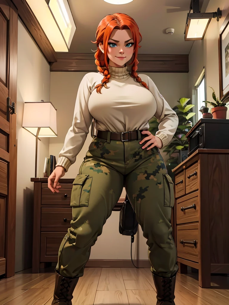 (best quality,4k,8k,highres,masterpiece:1.2),ultra-detailed,realistic:1.37,portrait, anthro very sexy  girl lesbian redhead, braided hair, beautiful green eyes, seductive, warm sweater, camouflage pants, army belt, army boots, smirking, cozy lighting, vibrant colors. Futanari, lewd,    night, crotesc , 