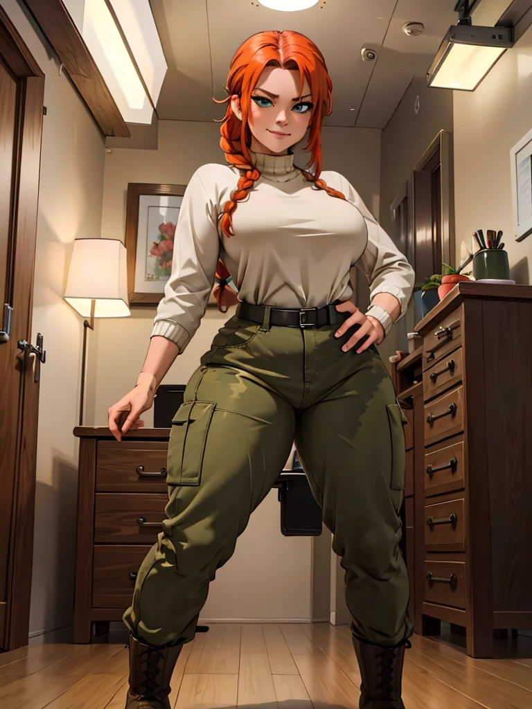 (best quality,4k,8k,highres,masterpiece:1.2),ultra-detailed,realistic:1.37,portrait, anthro very sexy  girl lesbian redhead, braided hair, beautiful green eyes, seductive, warm sweater, camouflage pants, army belt, army boots, smirking, cozy lighting, vibrant colors. Futanari, lewd,    night, crotesc , 