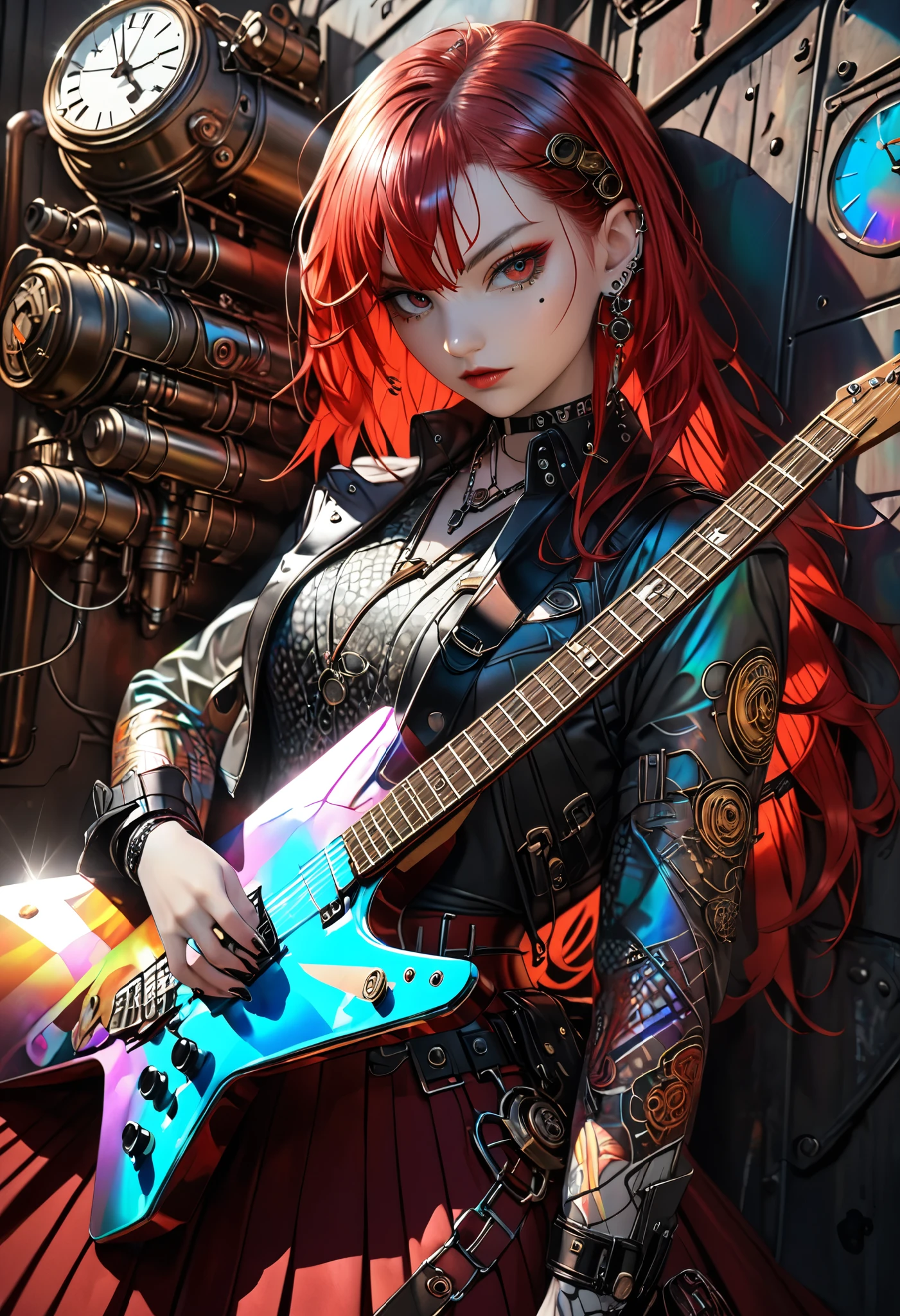 cool woman, playing star-shaped electric guitar, shining glossy silky messy red hair, vivid and seductive expression, wearing military uniform with long pleated skirt, mix of clock punk, steampunk and dieselpunk, covered in tattoos, background iridescent colorful, copper plated, dull silver, effective effects, bold and dynamic, contrasts of light and shadow, 2.5D, artistic photography, hyper realistic, ultra detailed, absolutely resolution, masterpiece