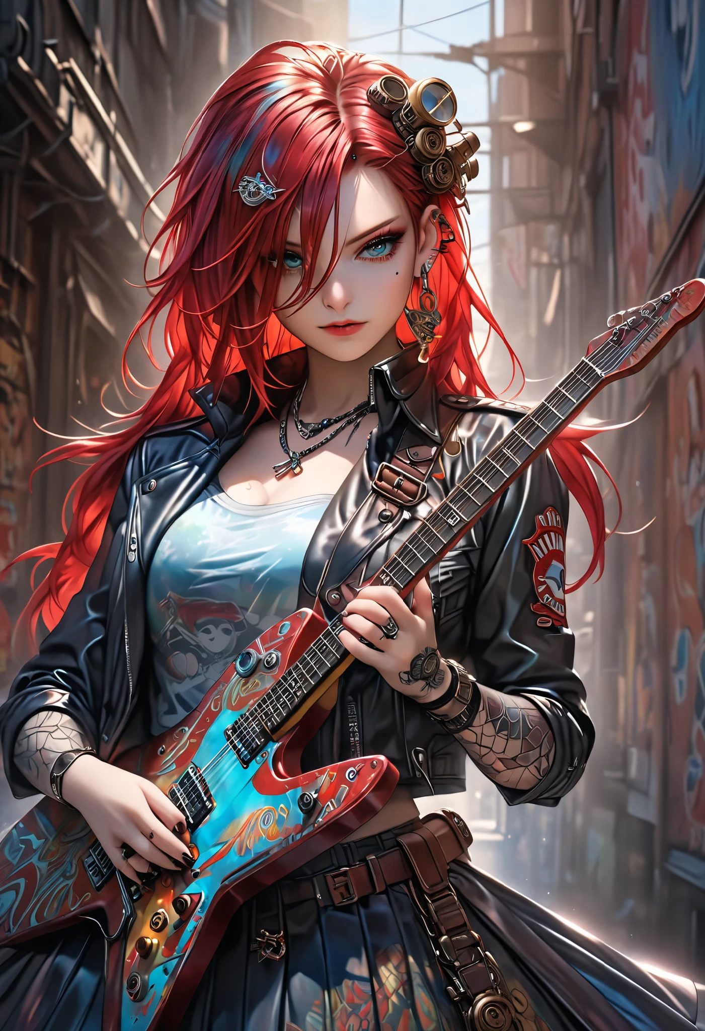 cool woman, playing star-shaped electric guitar, shining glossy silky messy red hair, vivid and seductive expression, wearing military uniform with long pleated skirt, mix of clock punk, steampunk and dieselpunk, covered in tattoos, background iridescent colorful, copper plated, dull silver, effective effects, bold and dynamic, contrasts of light and shadow, 2.5D, artistic photography, hyper realistic, ultra detailed, absolutely resolution, masterpiece