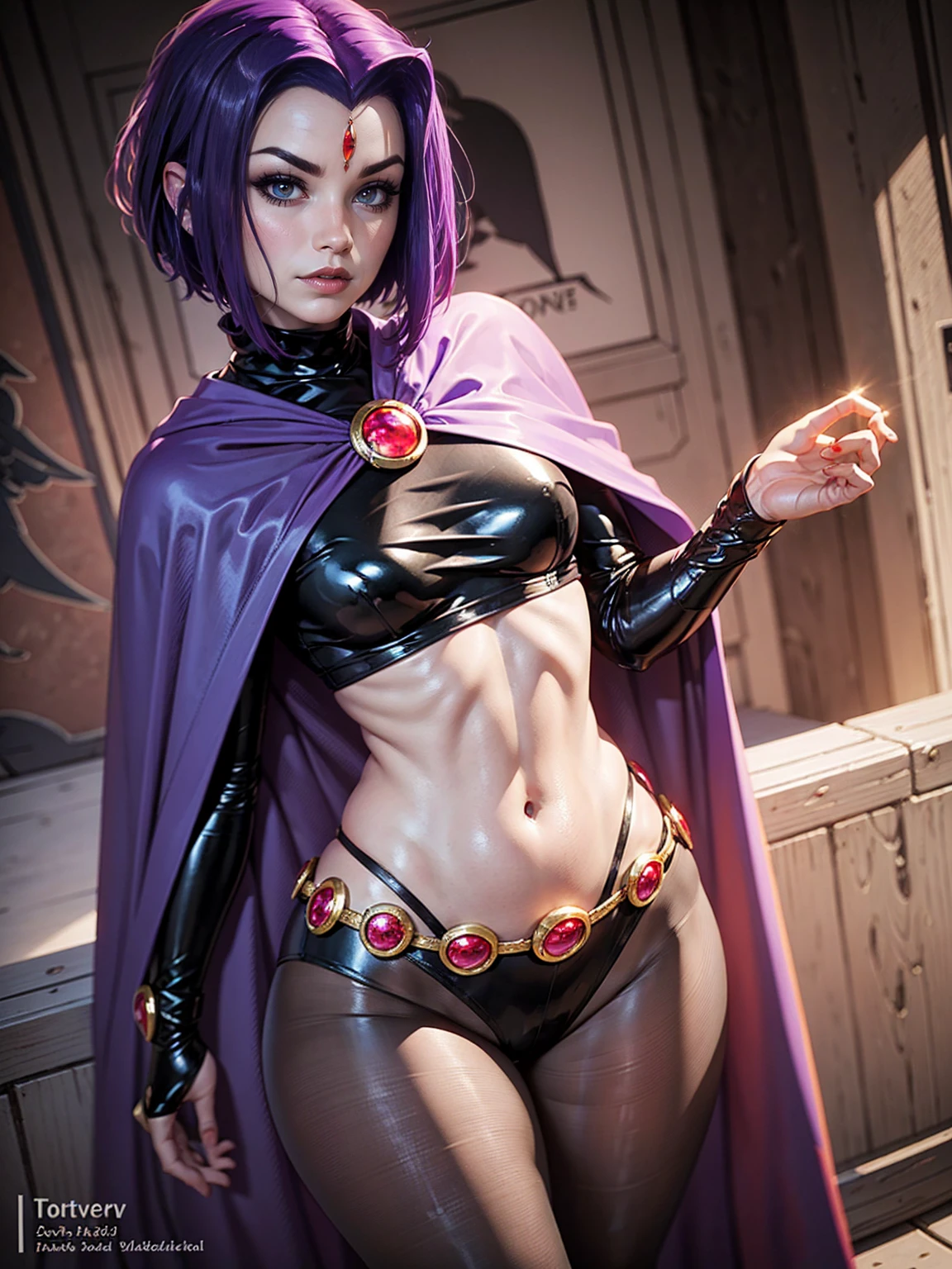 illustration of Raven of DC Comics, 1girl, raven, turtleneck, black leotard, black cape, purple hair, forehead jewel, purple eyes, short hair, belt, skin tight, standing, cleavage, toned, pose, torso, upper body, in Anime Tarot Card Art Style, shading, pantyhose 40 dinier, small