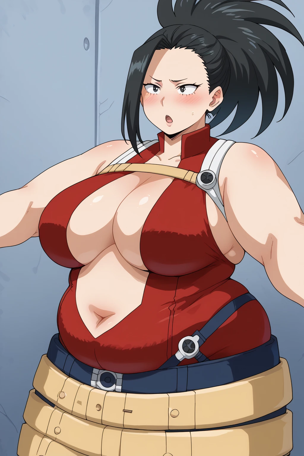 Momo Yaoyorozu,  dark eyes,  high ponytail ,  Wide Ponytail , Scream,  Satu Stance, belly button, Bare shoulders, belt,  leotards, Bare arms,  center opening, red  leotards, beltskirt,  score_9,   score_8_up,   score_7_up,   score_6_up,   score_5_up,   score_4_up,     Masterpiece  ,   top quality,   Very Aesthetic,   absurd,   source_Anime, Anime screencap,   one woman , Alone,  personal  ,  Super huge breasts, ((( super huge clevis, Super huge , Super huge boob))), Curvy,  chubby , Mature Woman,  obese body type, blush,  troubled expression,  belly fat sticking out of clothes,　 sloppy stomach ,  puzzled expressions,