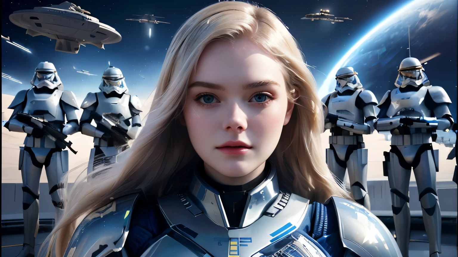 a woman in a futuristic suit stands in front of a group of troopers, elle fanning as an android, beutiful white girl cyborg, portrait armored astronaut girl, clothed in sci-fi military armor, dove cameron in a knight armor, 