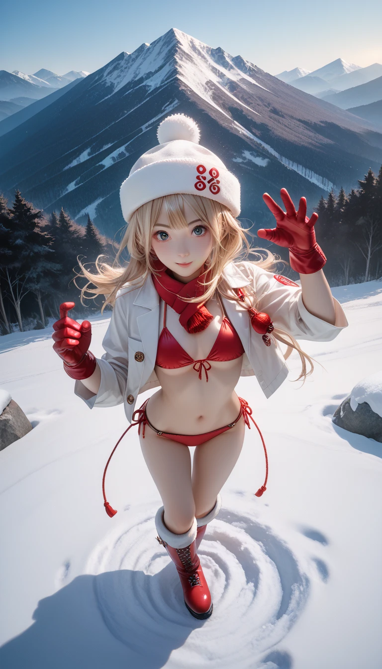 (photorealistic:1.5, highest quality,masterpiece,High resolution,muste piece),(sony a7, 35mm lens, f1.8, film gain),snow mountainに立つ1人の23歳の女性,cyber punk,(red high leg plug suit:1.5,Down jacket:1.3,choker), beautiful skin, (looking at the camera:1.2),(Photo seen from the front bottom:1.3),(Medium Hair:1.2,bright blonde:1.5), expression( Impish Smile:1.3,blushing:1.3),Pause( Seductive pose:1.5),background(snow mountain:1.5,ruins,apocalyptic world),(Medium chest,slender, abs:1.2), (Underwear visible through clothing),(Butt visible through clothes),(detailed perfect face),normal hands:1.5,normal finger:1:5,normal feet:1.5,(cameltoe)