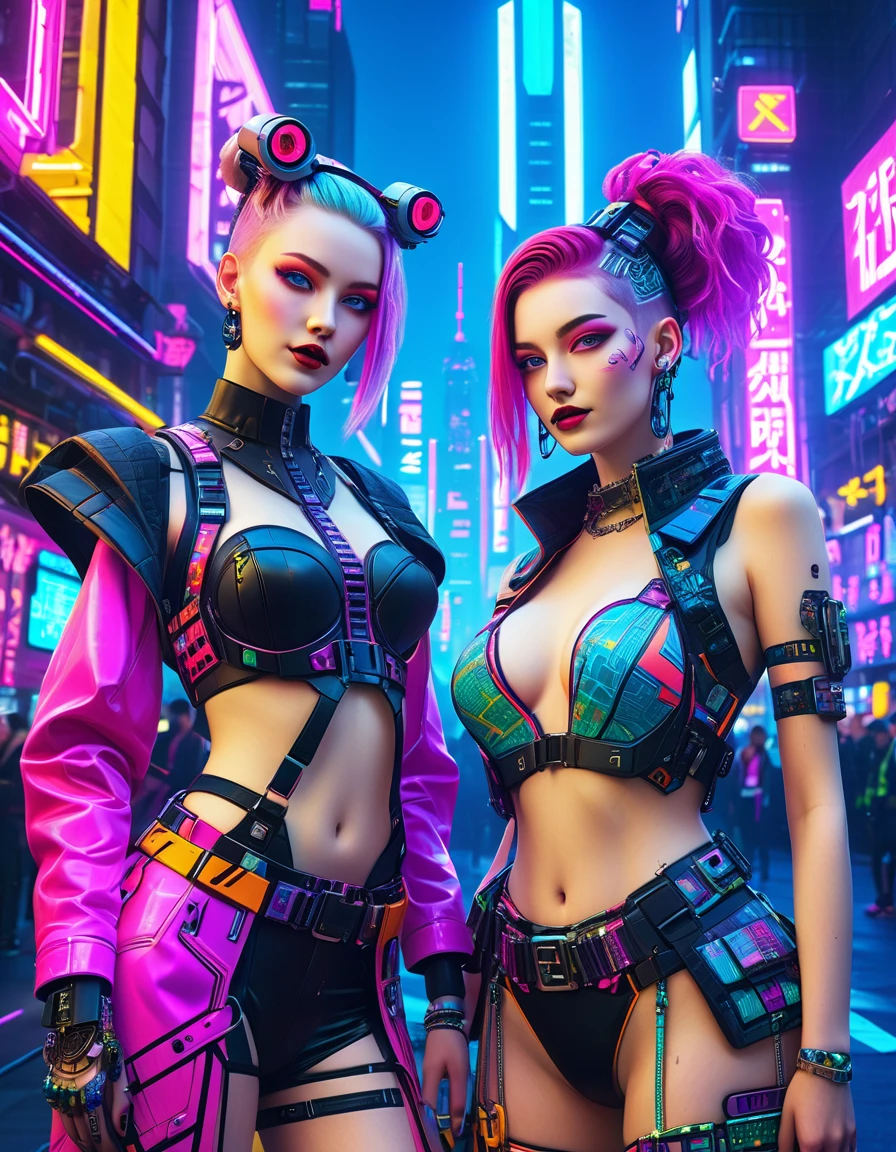 photo of a cyberpunk woman, photorealistic, sharp, focused, centered, extreme deailed, HD, 8k, DSLR, RAW, full body shot, zoomed out, maximalist, ornate