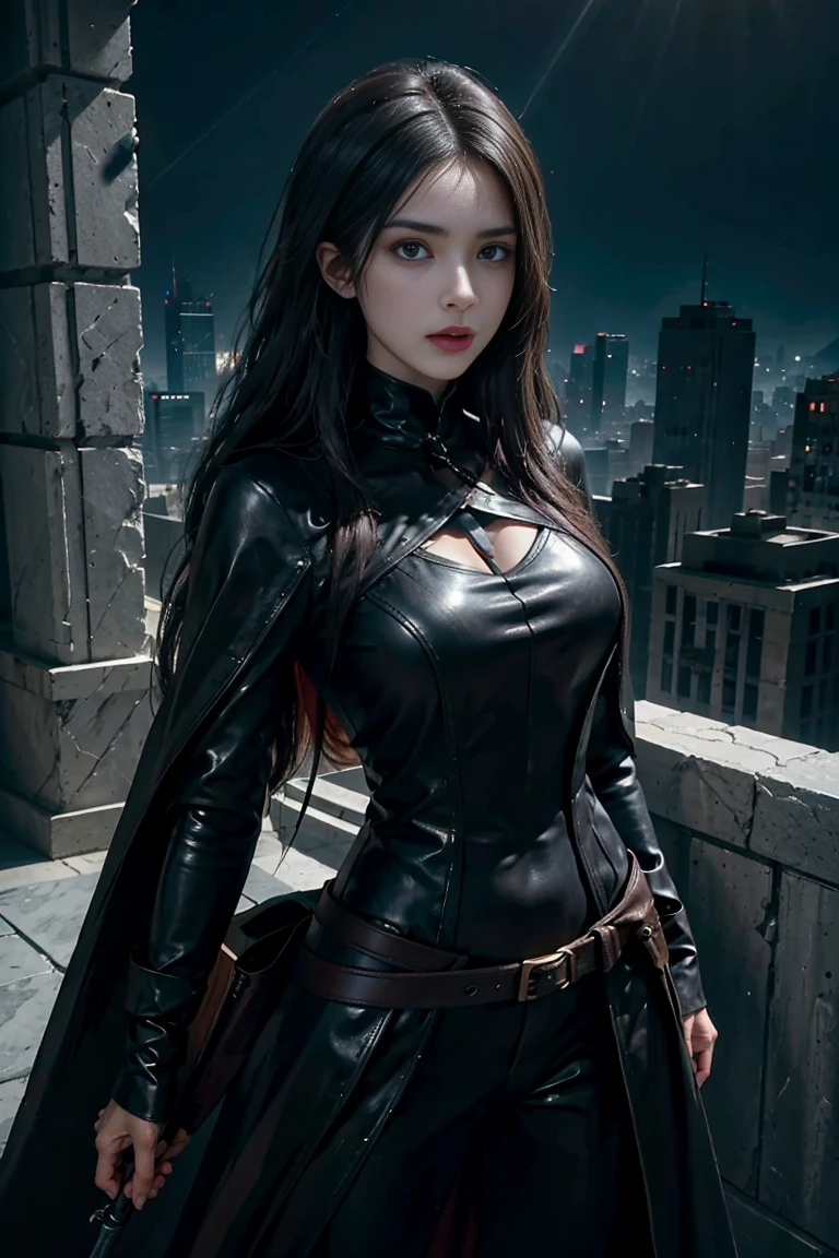 ((masterpiece, best quality, Highest image quality, high resolution, Reality, RAW photos, 8K)), Future city ruins,Huge humanoid,standing on top of the building,Beautiful girl,Tight leather jacket,Off-shoulder,Large Breasts,Long hair,Pretty face,Closed mouth,dramatic,Mid-range portrait,midnight