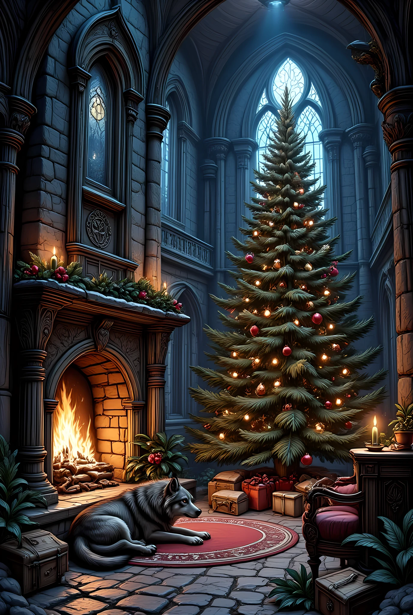 fantasy art, dnd art, RPG art, wide shot, a fantasy art of room of a castle with burning fireplace and a Christmas tree full with decorations, the room is lit from the fireplace, light and shadows, there are lit candles in the room, it is night time there is a full moon in the window, a wolf rests near the fireplace,  hyp3rd3tail style