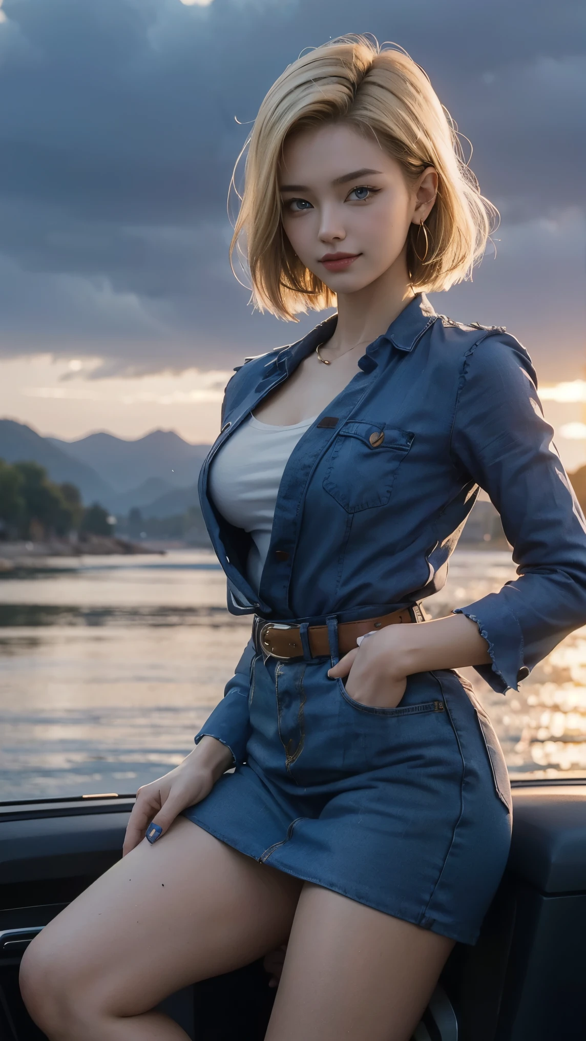 Android 18 da dragon ball,(best qualityer,4K,8k,high resolution,work of art:1.2)(weather: night), Mondstadt bay background, japanese dock, japanese clothes, long sleeve kimono top, kimono corset, pleated mini skirt, flower head diadem, white pantyhose, flower embroidery, strap shoes, seashell necklace, flower earrings, cheek mole, short straight hair, short blonde hair, ultra detailed, realistic, portrait,beautiful detailed sapphire blue eyes, hlowing eyes,blush,beautiful detailed lips,extremely detailed eye and face, long eyelashes,sexly,average, large breasts,beaming smile, sexy smile,powerful girl, joyful pose, stunning curves, bright coloured,dramatic lighting, starry night, fireworks,