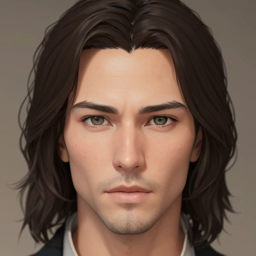  There is a man   (mature and normal  )    26 years old ,        with long hair and white suit        , asistente hiper       realistic       , sujeto hiper       realistic       , Chico anime joven       realistic       ,       anime style realism       , estilo de arte anime       realistic       , estilo de arte de anime       realistic       , Estilo anime 3D       realistic       ,       portrait de una chico anime,       artwork in the style of Guweiz      ,      Detailed            portrait de una chico anime, increíble       portrait de rostro de anime . model,      of Japanese origin  ,  I just saw the spectator       ,       portrait(       realistic       :1.4), (:1.0), Gris eyes ,       squinting eyes     (perfecta) ,     normal eyes (perfect),eyelash(perfecta),shirt, grey suit,  dyed hair (brown ),   perfect hair with  ,      straight hair strands      (perfect), ( secretario professional ), hairstyle type   (Hime, loose), oval and elongated face ,ELONGATED FACE,   triangular chin  , thin face,   slim build  , (     Detailed     , ultra ,,-     Detailed     , high      Detailed     , ultra       realistic       8K CG,       perfect artwork , lyrical), wooden table , flores, Internal,           expression(carefree, Serious) ,      no earning, film, bokeh, professional, 4k,       Dynamic and very detailed lighting     , fotor       realistic       , 8K, raw, rico,     intricate details  , without mustache