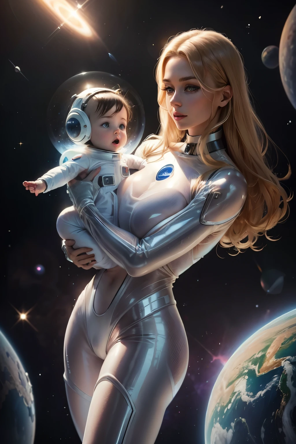 Best quality, realistic, image of beauty woman holding a year-old babyboy, looking camera, full body, transparent suit, outerspace galaxy background