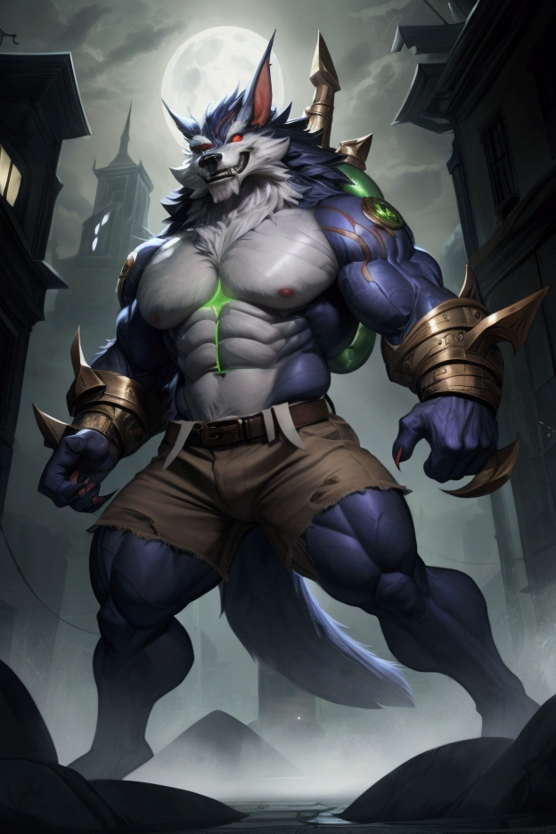 Alone, 1 lobo, eyes,  big wolf tail , eyes, 5 fingers,  nails black claws, golden bracelets ,  FULL BODY SHOWING , (warwick lol), bodybuilder,  detailed muscles ,  defined muscles , Thick muscles,  defined abdomen ,  large upper muscles, large chest, more robust body ,  large lower muscles ,  well defined thigh muscles,  defined calves, 2,34 tall, 425 kg of weight ,  Long legs, long arms,  brown denim shorts ,  red eyes ,  pupils white,  detailed eyes , detailed teeth, Teeth resolution, trusting, pose sexy,  looking at the viewer , olhar trusting, Smile half open, detailed teeth,  eyes kinda tight with horny , spectator wearing a ripped , 88 tall ,  Arcane City background at night, take the key,  a bit of mysterious fog , moonlight, take the key, 4K,  good resolution ,  perfect anatomy ,  great quality , masterpiece,  good lighting , imposing shadows, por hachi duchi, for darkgem, por racoon21, front focus, low angle