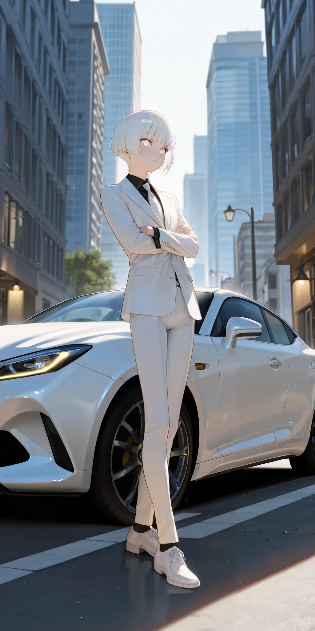 masterpiece, best quality, amazing quality, very aesthetic, high resolution, ultra-detailed, absurdres, newest, scenery, 
(outdoors, city, street, business district),  
solo, (woman, 26 years old), (short hair), (ashen white hair), (straight bangs, bobcut), (slender:1.4), slim, thin legs, classy, fancy, elegant, cute, smooth pale skin, (bright greyish-white eyes), (white suit, black shirt, white necktie, white pants, white shoes), faint blush, inexpressive, unfazed, 
standing, leaning back on black luxury car, arms crossed over chest, 
BREAK
photorealistic, masterpiece, best quality, amazing quality, very aesthetic, high resolution, ultra-detailed, absurdres, newest, scenery, volumetric lighting, breathtaking visuals, intricate glowing details, cool dreamy aesthetics, raytracing, 8k, ultra high definition, (subtle depth of field:0.25), (subtle bloom:0.5), soft lights, rich vivid colors, light particles, (damped sunlight:1.3), vibrant textures, dramatic lighting, captivating visuals, smooth anime style, (dappled sunlight:1.2), 