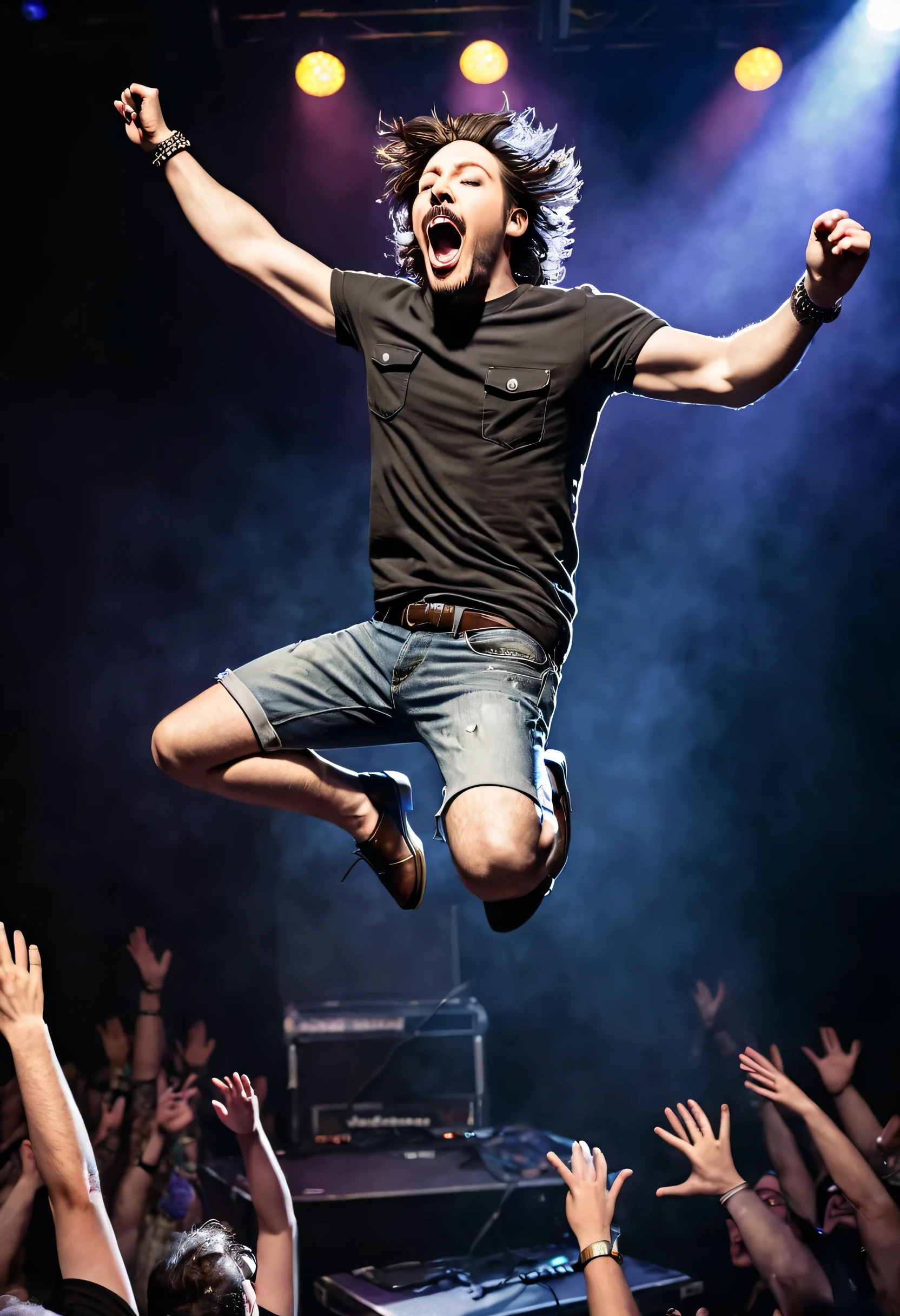 Here is the hyper-realistic image of a rock singer jumping off the stage, being caught by the audience while passionately singing into the microphone. Let me know if you’d like any adjustments!






