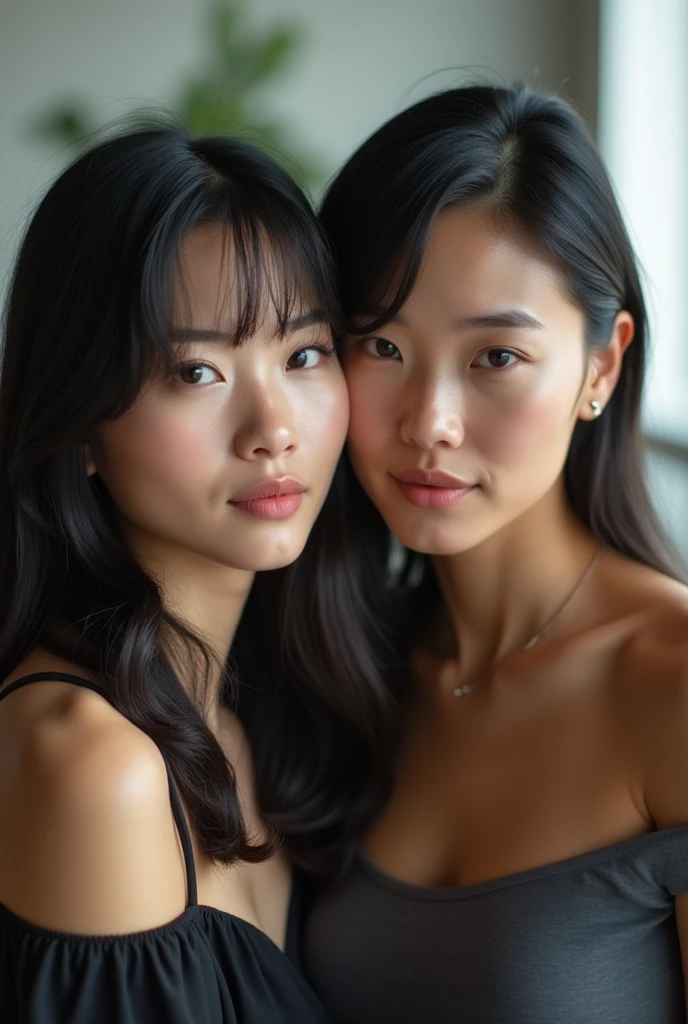 Two close female friends posing naked together、Beautiful and intimate portraits,Black Hair,Nipples,Photo studio、masterpiece、Highest quality、8k、Super detailed、Professional Lighting、Warm tones、Soft Focus、Natural look、A tender moment between friends,pubic hair
