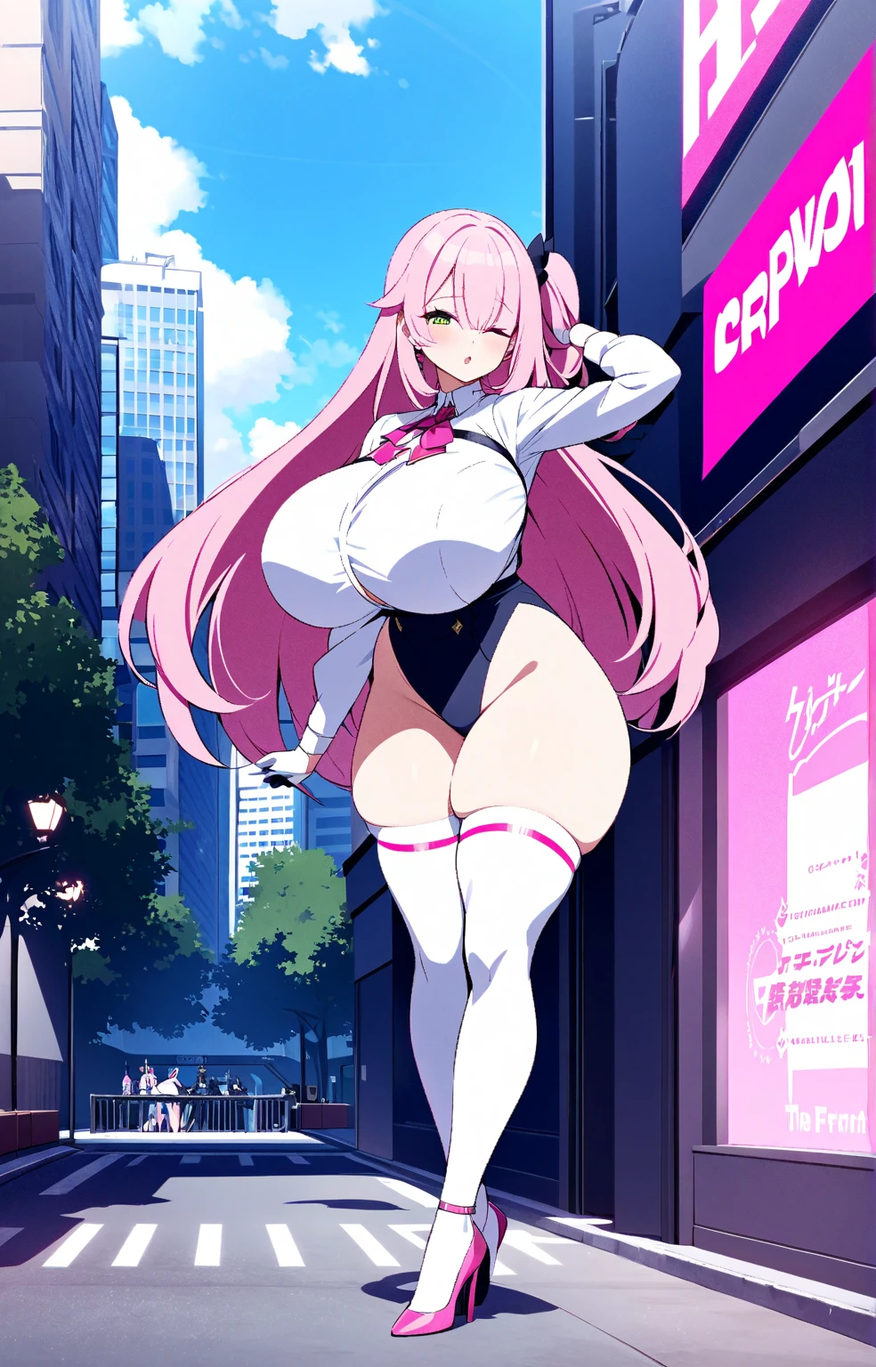  Pink ナース　 pink hair two side hair　 Big Breasts 　 big thighs　 white stockings   　 high heels　　outside　In the city　  ナース服　ナースキャップ　the front