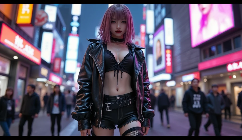 RAW image quality, 1 girl, Japanese, 17 years old, table top, Dystopian city with neon signs and holograms projected on buildings and sky, slim beautiful woman, Surrounded by neon-lit reflections of the cityscape, written boundary depth, Beautiful woman with slim figure, perfect style, (beautiful curvaceous female body:1.4), strong lighting, high contrast, hologram female body, (walk towards the camera), (Look into the viewer's eyes), lipstick, Red and straight berry short hair, night, cyberpunk aesthetics, highly detailed lighting, dramatic, In 8K, high detail, skin texture, リアルなskin texture, highest quality, High resolution, Photoreal