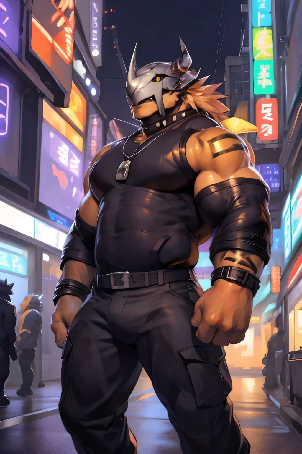 (by null-ghost, by darkgem, by kumak), (Wargreymon), safe, Brands, black sclera, yellow eyes, male, only, Wearing jacket, pants, only, muscular, necklace, whim, Black shirt, Night, City, Tokyo, street, Akihabara, Neon lights, orange skin, black tattoo