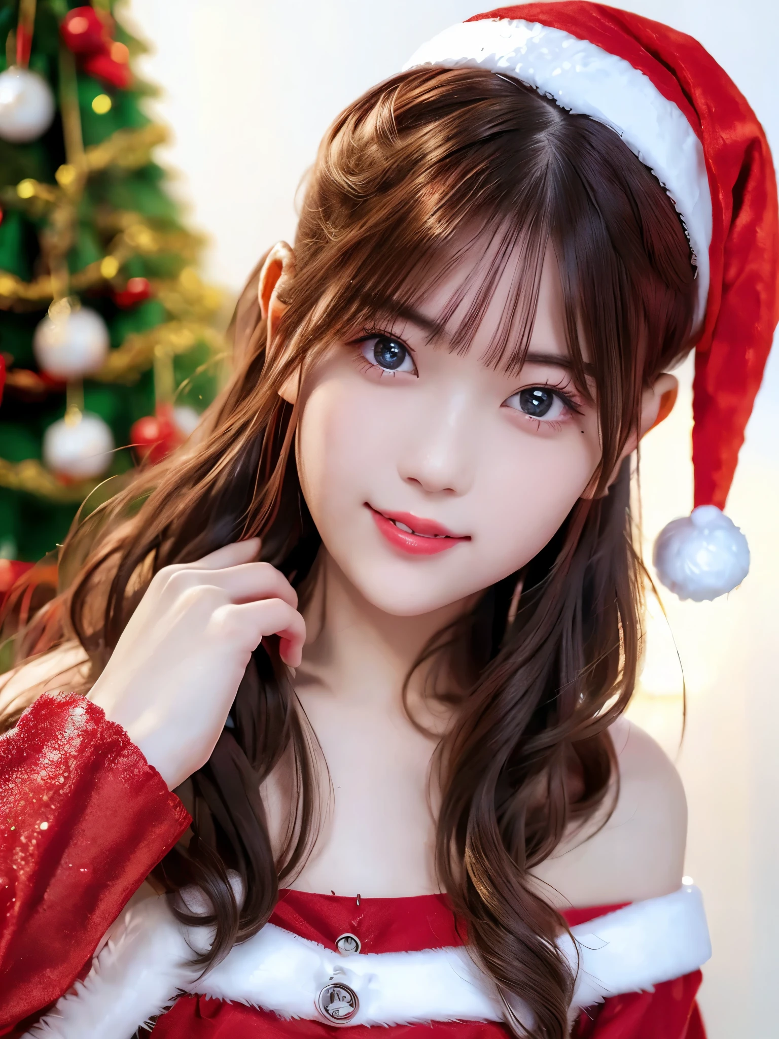 portrait、 REAL PICTURES、 top quality、 super high resolution 、(Photographically: 1.4)、 beautiful eyes、 very beautiful 、 shiny hair 、Thin hair、 Merry Christmas 、 Christmas tree、smile、(( red Santa Claus costume 、Santa hat、Forehead))