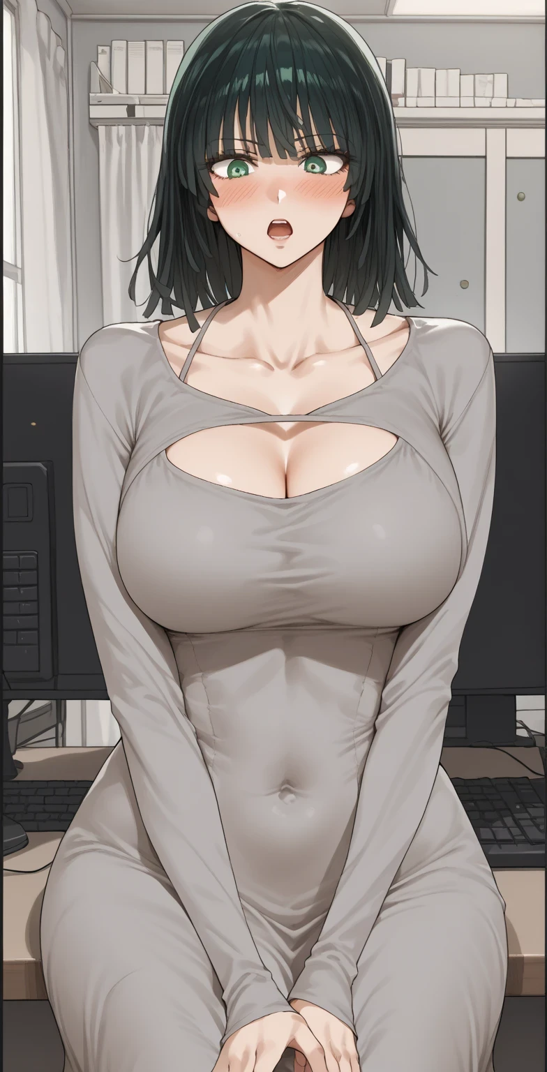 score_9, score_8_up, score_7_up, source_anime, BREAK 1girl, EPopmFubuki, black hair, short hair, green eyes, large breast, 
 1girl, breasts, solo, cleavage, large_breasts, covered_navel, dress, open_mouth, looking_at_viewer, grey_dress, watermark, green_hair, grey_eyes, long_hair, bangs, collarbone, long_sleeves, blush, clothing_cutout, indoors, keyboard_(computer), 