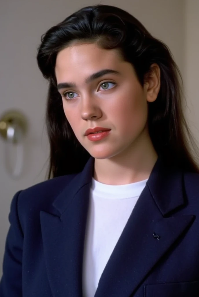 Jennifer Connelly, the most beautiful young movie star of the 1980s, . 
She is age 16.,
Her figure in the movie "Seven Munites in Heaven". 
She wears a dark blue blazer and white shirt.,
Cute face with plump cheeks. 
This is a recreation of Jennifer Connelly's unique and beautiful face as a teenager.
A scooped nose with a high arch and upturned tip.
No makeup,
She was a perfect, healthy, youthful, fresh, fine, smooth, white skin.
Her long staight shiny black hair cascading down beyond her shoulders.,
Her hair is glossy.
Her figure is very mature, with a gorgeous female figure, very large breasts and broad shoulders. 
She has very large, firm breasts.,
She is in a bright room, with a bright natural light illuminating her beautiful face.
 high definition , masterpiece,  top quality, 