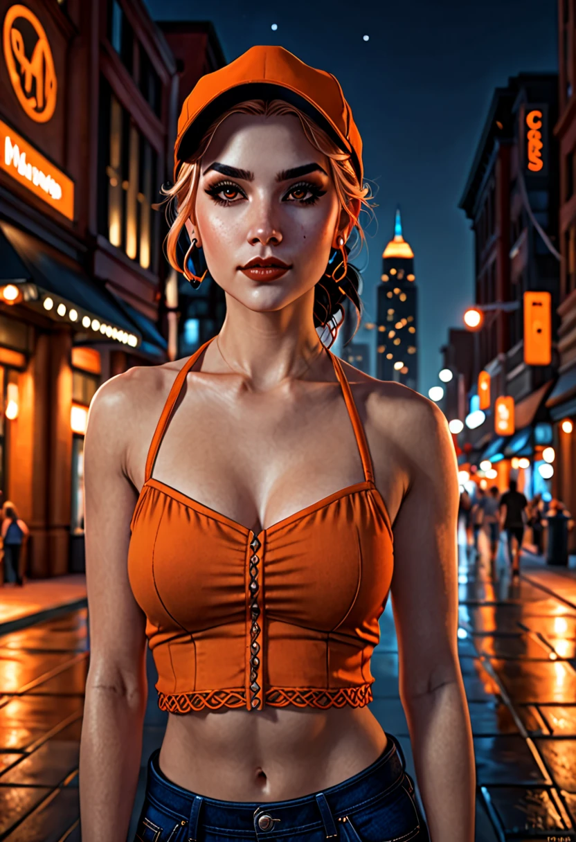 in the style of Charlie Bowater, (UHD),vampire, detailed face, girl in an orange halter top with cap sleeves, jeans, downtown, braided pigtail, night