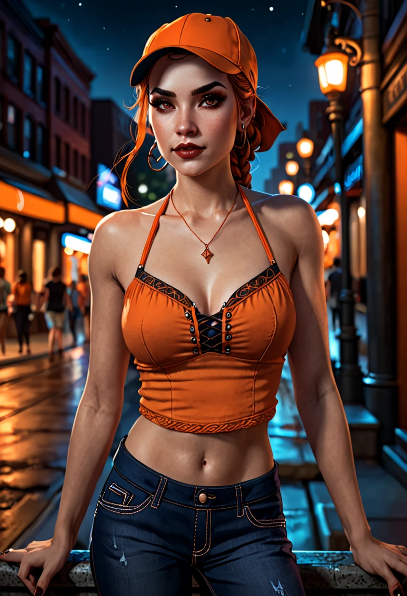 in the style of Charlie Bowater, (UHD),vampire, detailed face, girl in an orange halter top with cap sleeves, jeans, downtown, braided pigtail, night