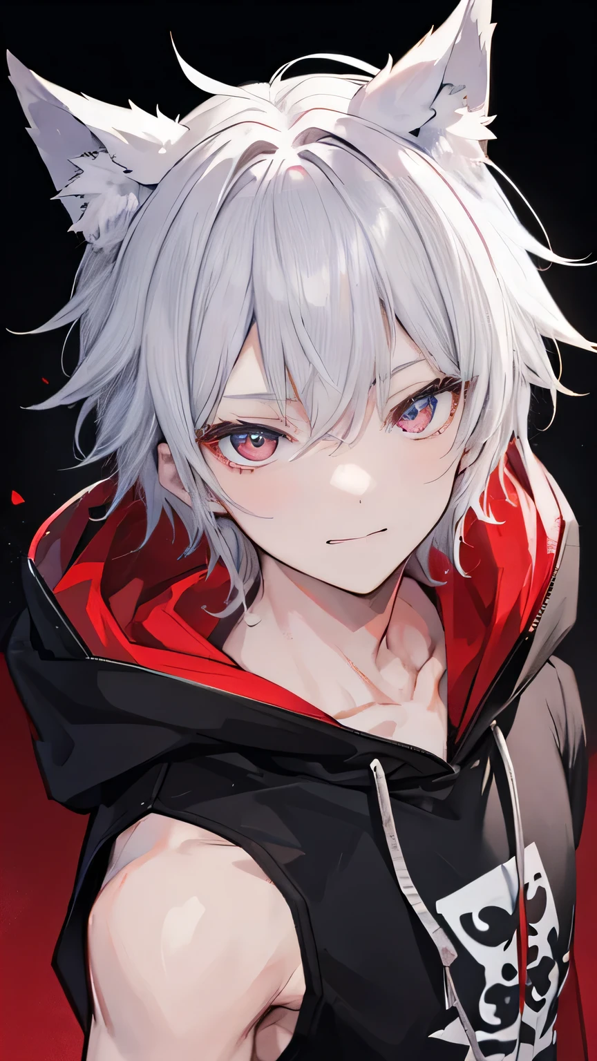 High resolution, 2D anime style,,cool men,short hair,silver hair,red eyes,Dark Fashion,he is smiling a little,