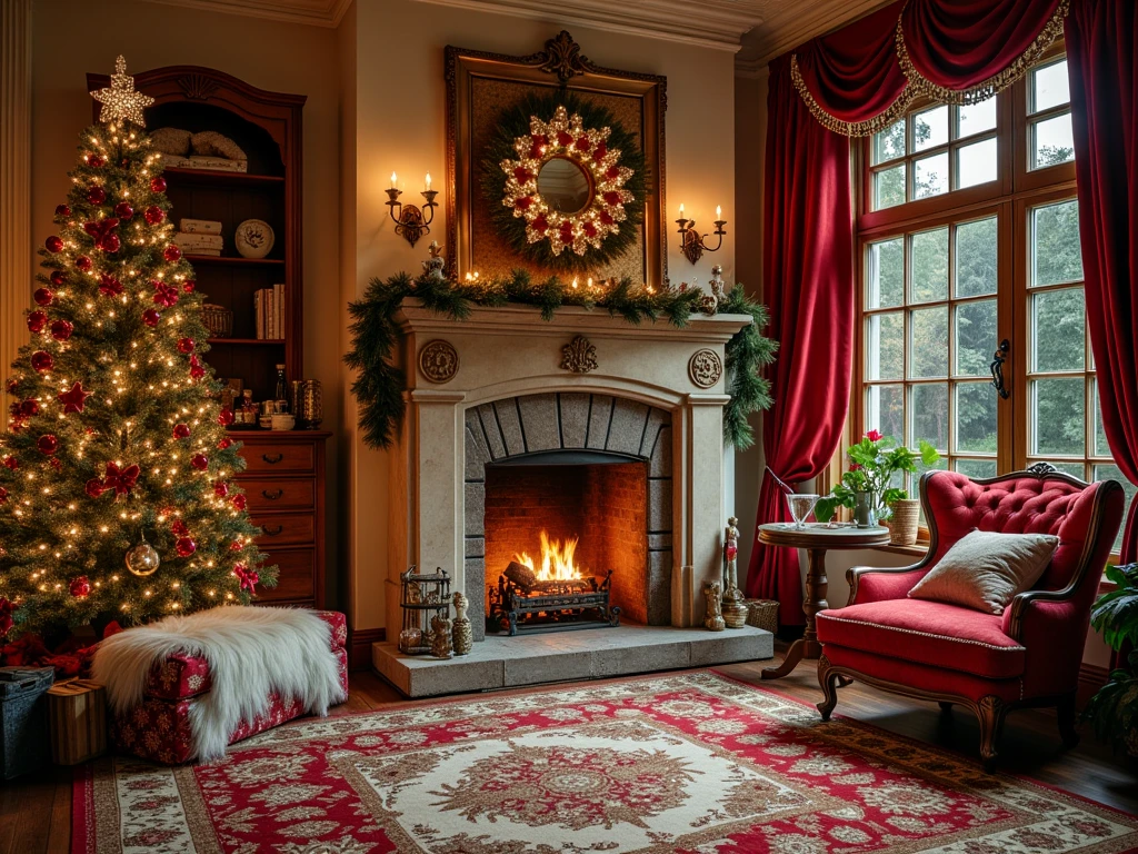 A cozy indoor scene decorated for Christmas,