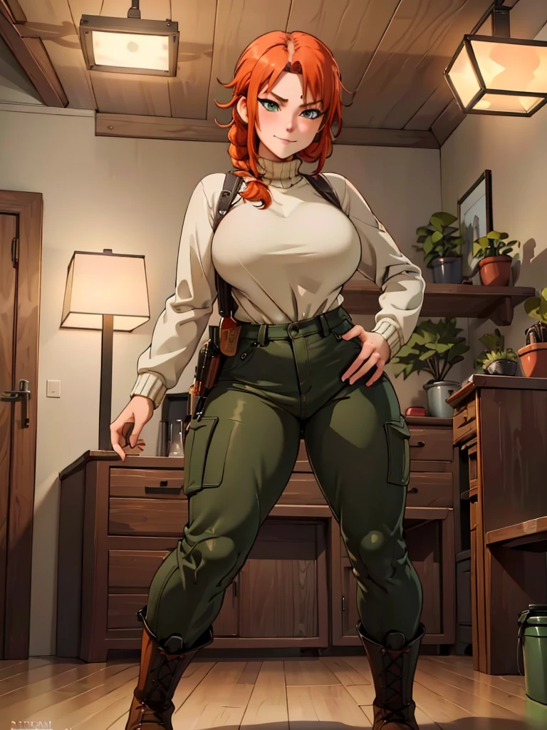 (best quality,4k,8k,highres,masterpiece:1.2),ultra-detailed,realistic:1.37,portrait, anthro very sexy  girl lesbian redhead, braided hair, beautiful green eyes, seductive, warm sweater,  camouflage pants, army boots, smirking, cozy lighting, vibrant colors. Futanari, lewd,   night, 