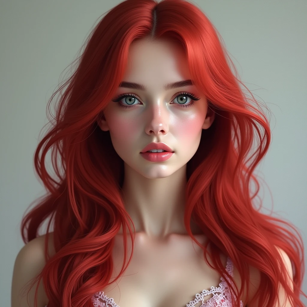 Ariel, woman with long red hair like ruby ,  Eyes gray like the sea and skin as white as snow in winter.  As if it were a porcelain doll  