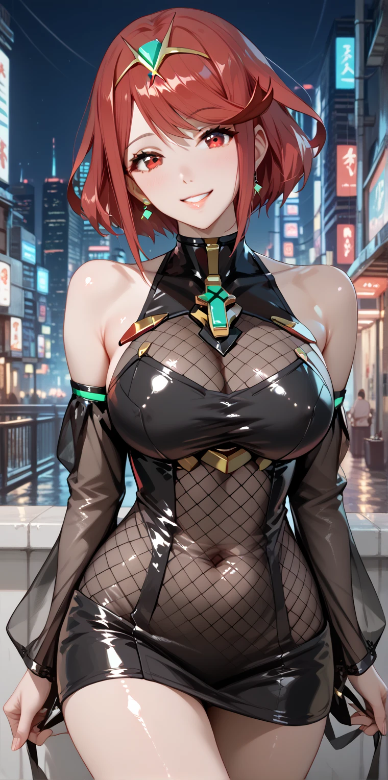  pyra \(xenoblade\), 1girl, red hair, short hair, swept bangs, bob cut, red eyes, solo, breasts, smile, large breasts, ruanyi1038,black dress,fishnets dress,long sleeves,see-through,short dress, city, night, cyberpunk, outdoors, standing, seductive smile, Shiny skin