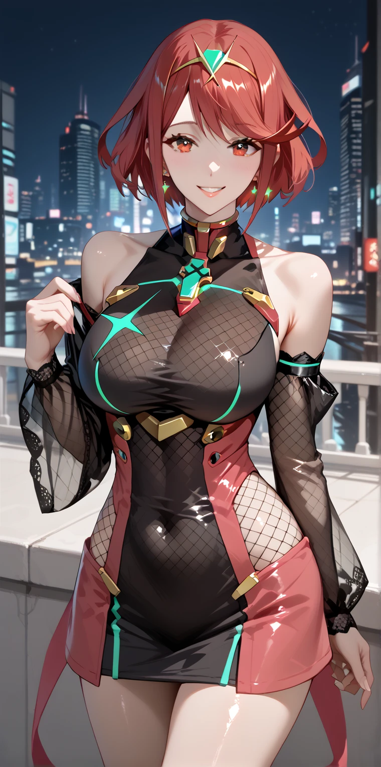  pyra \(xenoblade\), 1girl, red hair, short hair, swept bangs, bob cut, red eyes, solo, breasts, smile, large breasts, ruanyi1038,black dress,fishnets dress,long sleeves,see-through,short dress, city, night, cyberpunk, outdoors, standing, seductive smile, Shiny skin