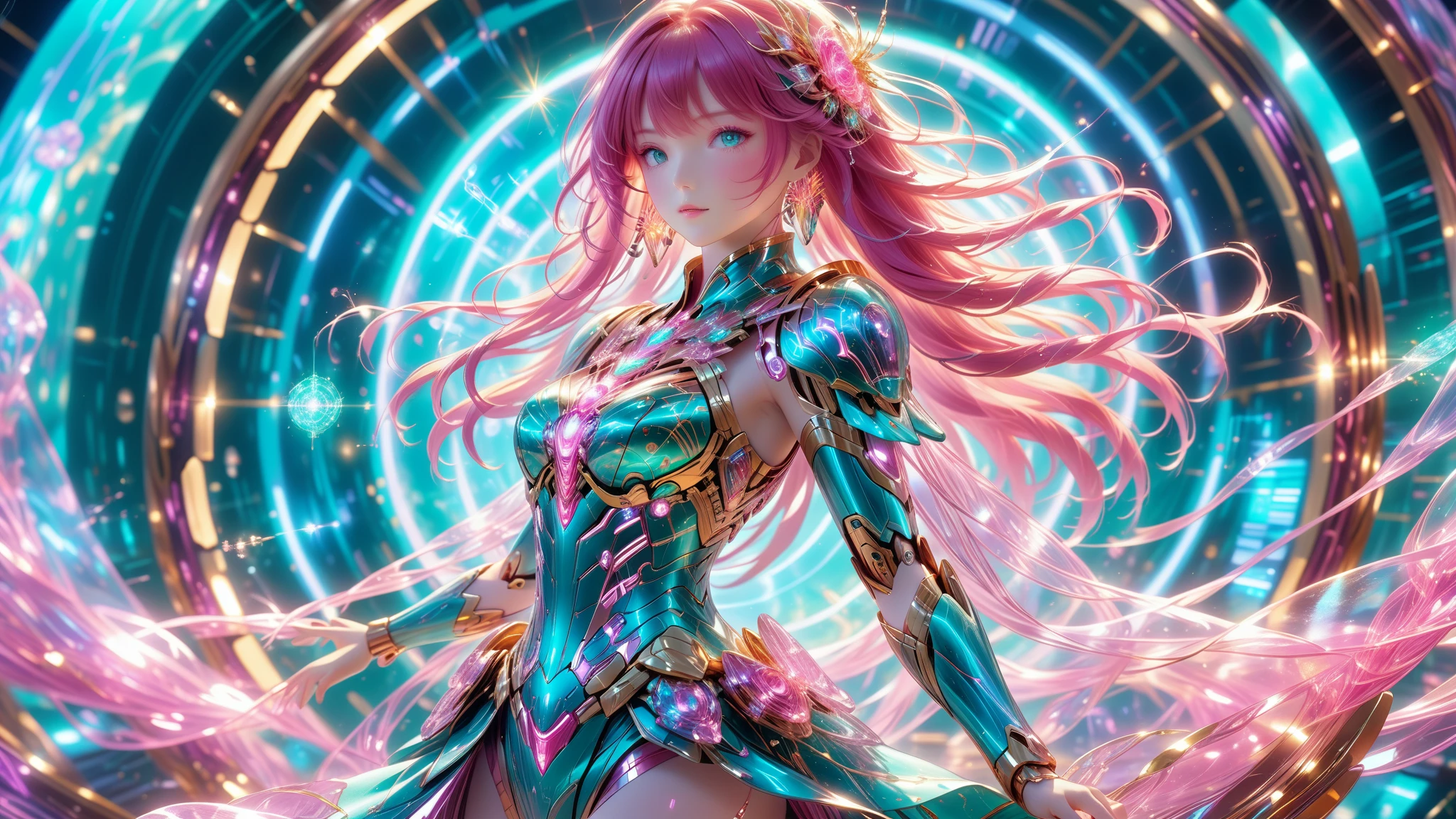 A Masterpiece In 32K Resolution, Supreme Quality, Super Detail, Official Art, Very High-Resolution 32K Wallpaper, Beautiful And Aesthetic, Ultra-Detailed Features, Awe-Inspiring Detail. A Stunning Anime Magical Girl In The Midst Of A Transformation Sequence, With Futuristic Tech-Based Armor Forming Around Her. The Scene Features Vibrant Glow Effects In Pink, Gold, And Teal, Floating Digital Particles Surrounding Her, And A Futuristic Laboratory Background With Holographic Screens.