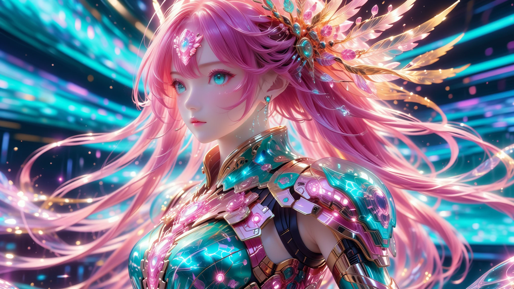 A Masterpiece In 32K Resolution, Supreme Quality, Super Detail, Official Art, Very High-Resolution 32K Wallpaper, Beautiful And Aesthetic, Ultra-Detailed Features, Awe-Inspiring Detail. A Stunning Anime Magical Girl In The Midst Of A Transformation Sequence, With Futuristic Tech-Based Armor Forming Around Her. The Scene Features Vibrant Glow Effects In Pink, Gold, And Teal, Floating Digital Particles Surrounding Her, And A Futuristic Laboratory Background With Holographic Screens.