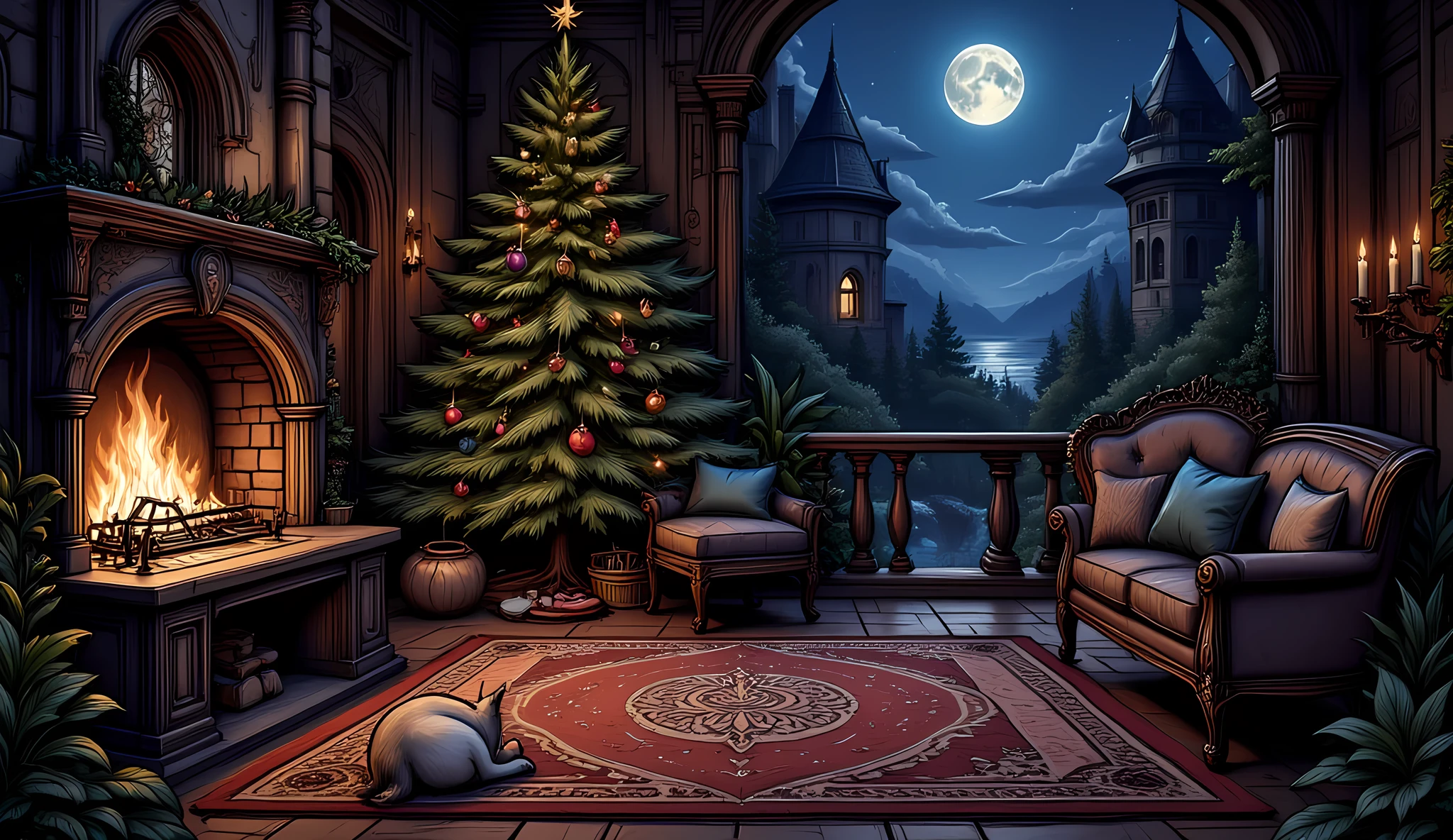 fantasy art, dnd art, RPG art, wide shot, a fantasy art of room of a castle with burning fireplace and a Christmas tree full with decorations, the room is lit from the fireplace, light and shadows, there are lit candles in the room, it is night time there is a full moon in the window, a wolf rests near the fireplace,  hyp3rd3tail style