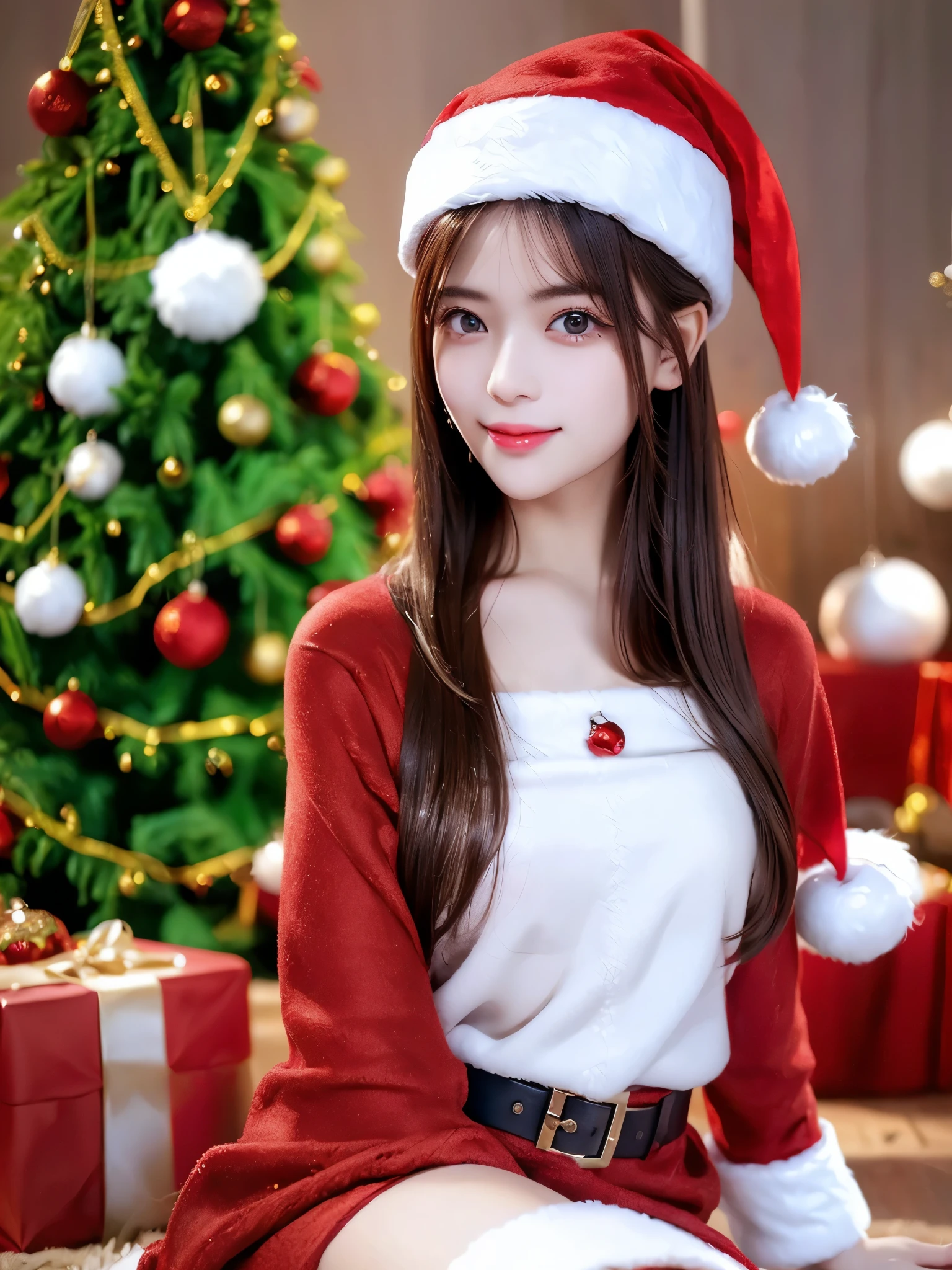 portrait、 REAL PICTURES、 top quality、 super high resolution 、(Photographically: 1.4)、 beautiful eyes、 very beautiful 、 shiny hair 、Thin hair、 Straight Bob Hair 、 Merry Christmas 、 Christmas tree、smile、(( red Santa Claus costume 、Santa hat、Forehead))