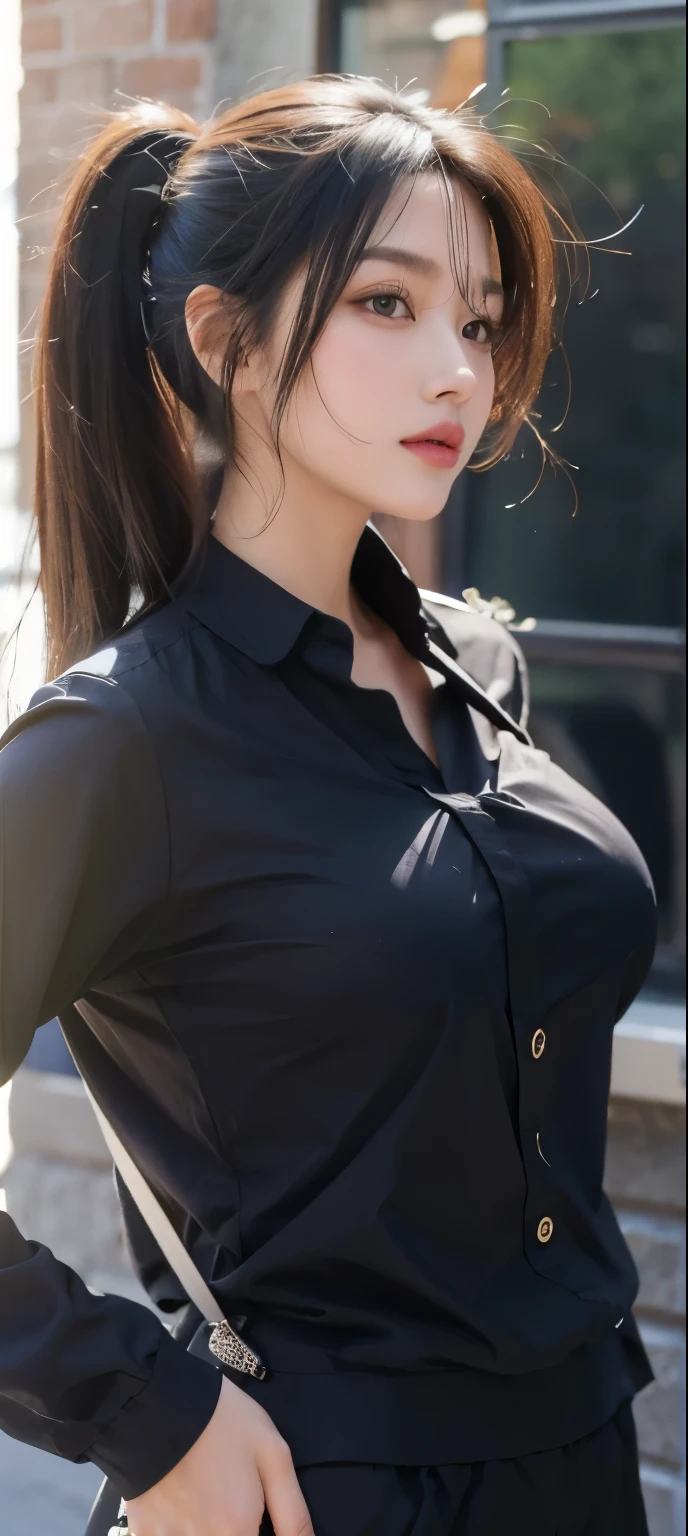 ((Highest quality, 8K, masterpiece :1.3)), Sensual woman, One girl, (Slim figure :1.2), Dark brown hair, (Outdoor, shirt, Shorts :1.1), Highly detailed face, Detailed lips, Fine grain, double eyelid,(Huge breasts:1.5)