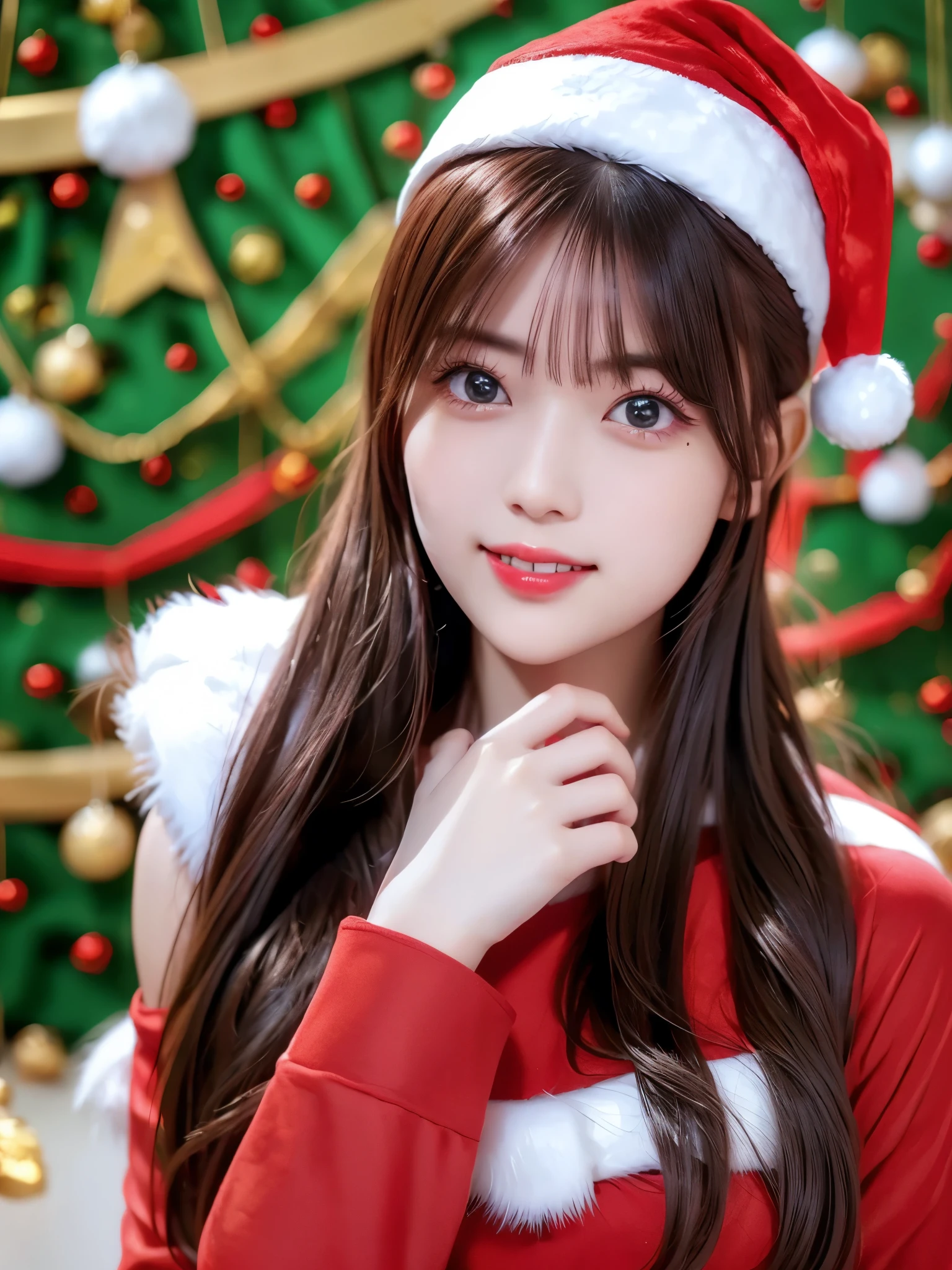 portrait、 REAL PICTURES、 top quality、 super high resolution 、(Photographically: 1.4)、 beautiful eyes、 very beautiful 、 shiny hair 、Thin hair、 Straight Bob Hair 、 Merry Christmas 、 Christmas tree、smile、(( red Santa Claus costume 、Santa hat、Forehead))