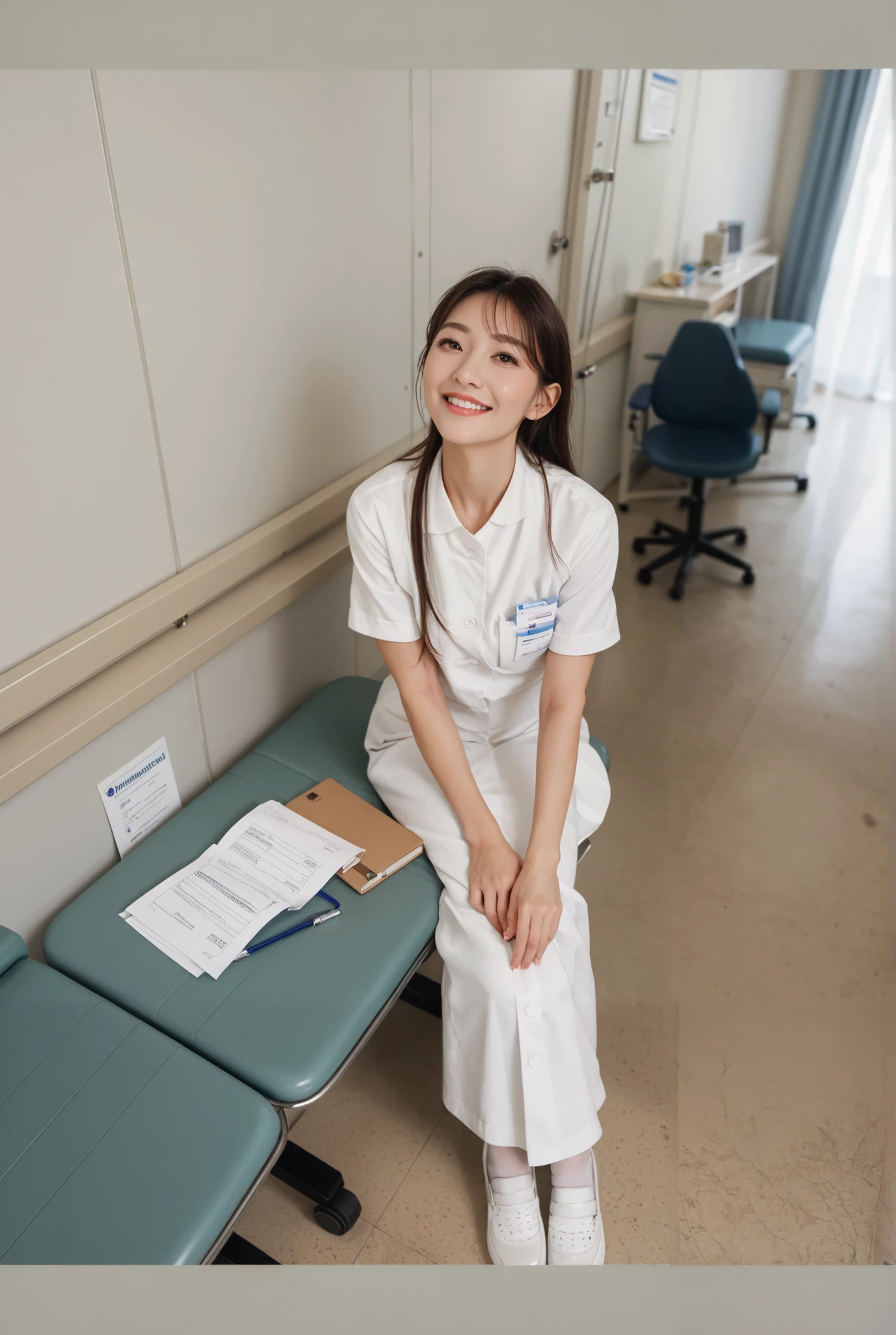  1 girl,  high definition ,  long hair,  smiles, Hospital waiting room