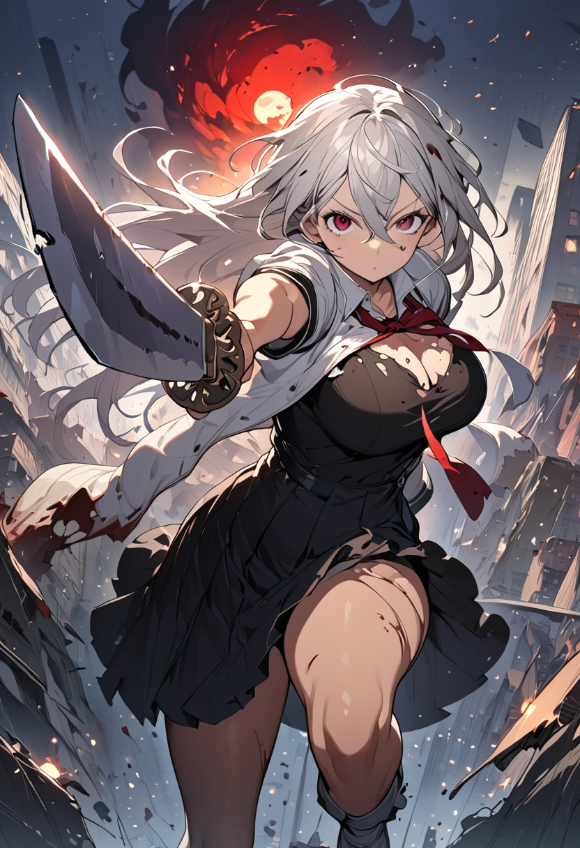  (best quality),(very aesthetic),(ultra-detailed),(best illustration),( highres icon), (beautiful),(masterpiece),(extremely detailed face), A high school girl fighting against a group of zombies in ruins,1girl,Alone,red eyes,silver hair,long hair, hairs between eyes.big breast,big thighs,wide hip,shout,(school uniform),black pantyhose, ankle boots,(torn clothes:1.5, torn clothes),Holding a katana-sword in hand,mid night, big red moon floating in the night sky, anatomically correct, zombies attacking the girl,Multiple Zombies,Abandoned City, Burning City ,sparks are scattered ,A battle taking place in a ruined city, with skyscrapers collapsing,Mountain of s,white bra,white panties,(dynamic pose,fighting stance)