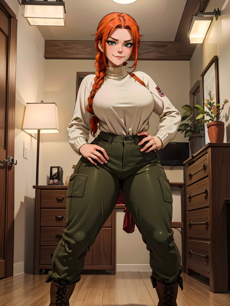 (best quality,4k,8k,highres,masterpiece:1.2),ultra-detailed,realistic:1.37,portrait, anthro very sexy  girl lesbian redhead, braided hair, beautiful green eyes, seductive, warm sweater, hants to unzipped camouflage pants, army boots, smirking, cozy lighting, vibrant colors. Futanari, lewd,    night, crotesc , 