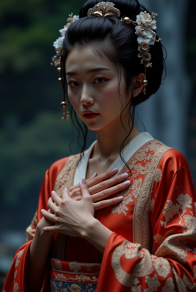 8k, high definition, HQ, UHD, (Photorealistic: 1.4), Masterpiece, High-detailed realistic photo of (Geisha Girl: 1.4), 27 years old, (Nude: 1.3), (Wet: 1.3, Embracing her chest), (In the river, waterfall, forest), Slender figure with irezumi tattoo, Facing forward, Hanging big breasts, Sexy pose, Body details, Perfect body proportion, Sexy pose, Perfect and detailed hands, White and clear skin, Looks sexy, Transparent smile, Symmetrical face, Perfect facial features, Perfect and detailed face, Perfect face with smooth and soft skin, Slender light gray-blue eyes, Perfect and detailed lips, Slightly open mouth, Japanese bun details, Traditional hair ornaments, Perfect composition, Dynamic lighting, Elegant atmosphere, Blue-red tone, Low angle view, View from below, Focus on face, Exposing nude body, Volume lighting, Photon mapping