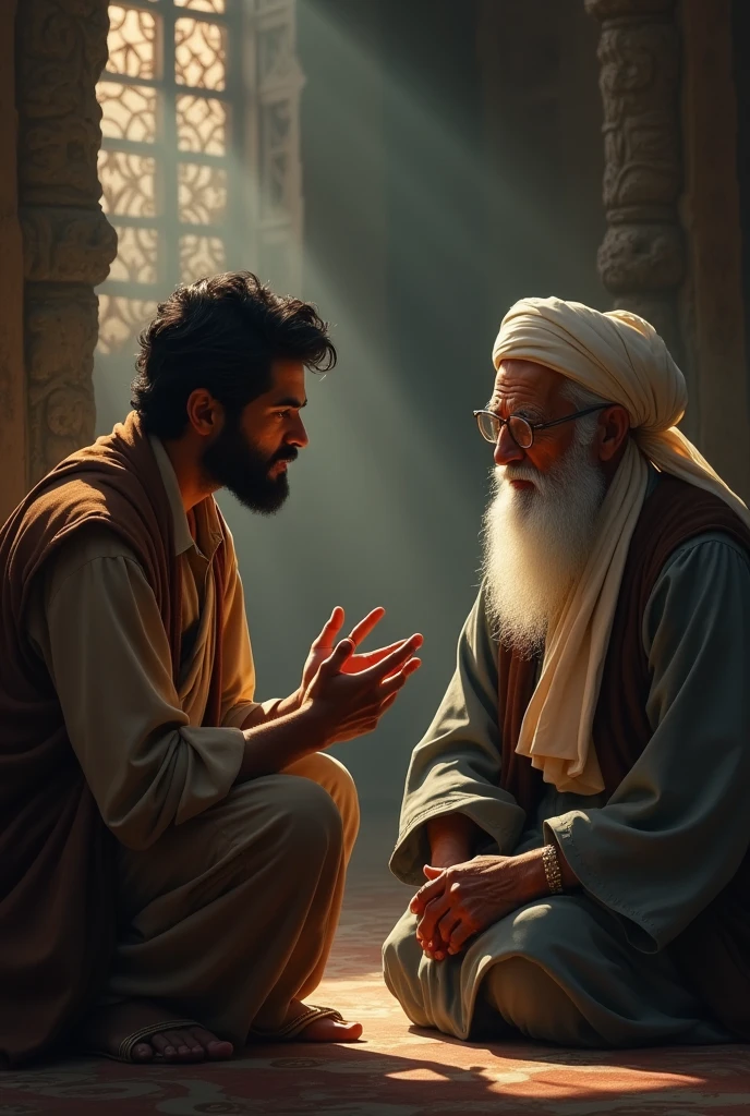 Alim Sahib responds calmly, pointing toward the educated man's bag, which is placed beside him or in his lap. The scene captures Alim Sahib's thoughtful expression as he asks about the contents of the bag.