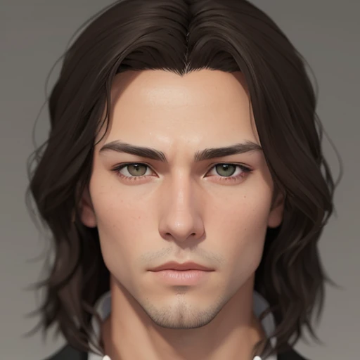  There is a man   (mature and normal  )    26 years old ,        with long hair and white suit        , asistente hiper       realistic       , sujeto hiper       realistic       , Chico anime joven       realistic       ,       anime style realism       , estilo de arte anime       realistic       , estilo de arte de anime       realistic       , Estilo anime 3D       realistic       ,       portrait de una chico anime,       artwork in the style of Guweiz      ,      Detailed            portrait de una chico anime, increíble       portrait de rostro de anime . model,      of Asian origin,  I just saw the spectator       ,       portrait(       realistic       :1.4), (:1.0), Gris eyes ,       squinting eyes     (perfecta) ,     normal eyes (perfect),eyelash(perfecta),shirt, grey suit,  dyed hair (brown ),   perfect hair with  ,      straight hair strands      (perfect), ( secretario professional ), hairstyle type   (Hime, loose), oval and elongated face ,ELONGATED FACE,   triangular chin  , thin face,   slim build  , (     Detailed     , ultra ,,-     Detailed     , high      Detailed     , ultra       realistic       8K CG,       perfect artwork , lyrical), wooden table , flores, Internal,           expression(carefree, Serious) ,      no earning, film, bokeh, professional, 4k,       Dynamic and very detailed lighting     , fotor       realistic       , 8K, raw, rico,     intricate details  , without mustache