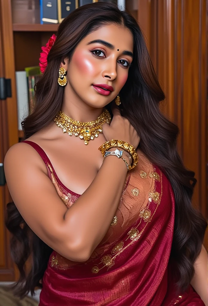 The scene unfolds in a grand, opulent study room with warm, soft lighting, casting a sensual glow over the interior. The South Asian woman, standing tall and confident, is the center of attention. She wears a luxurious maroon sari, the fabric rich and flowing with intricate gold embroidery that highlights her milfy  figure. The sari drapes elegantly over her body, with the deep maroon color contrasting beautifully against her smooth skin and lacy bra . Her large breasts and wide hips are accentuated by the form-fitting fabric, making her silhouette both bold and seductive.

Her heavy gold jewelry—an elaborate necklace, multiple bangles on her wrists, and a delicate nose ring—gleams brightly, adding to her regal and commanding presence. Her updo hairstyle is adorned with a red flower,gray hair,while a gold hairpin catches the light, framing her face and drawing attention to her flawless features. The bold smokey eyeshadow and long curled lashes amplify the intensity of her seductive gaze, which locks onto the 24year man  beside her. Her full lips, painted in a deep, rich shade, slightly curl upward in a subtle but provocative smile, enhancing her aura of control and allure.

In her hand, she holds a porn magazine, the magazine slightly crinkled at the edges, symbolizing both the power she holds and the terms she seeks to impose on the boy

The man  dressed in a black shorts only contrasts with the warm tones of the room, stands close to her. His posture is tense, his hand gently resting on her shoulder, his expression one of hesitation, fascination, and perhaps a bit of uncertainty. His gaze is drawn to her, captivated by her beauty and the power she exudes, yet unsure of what 