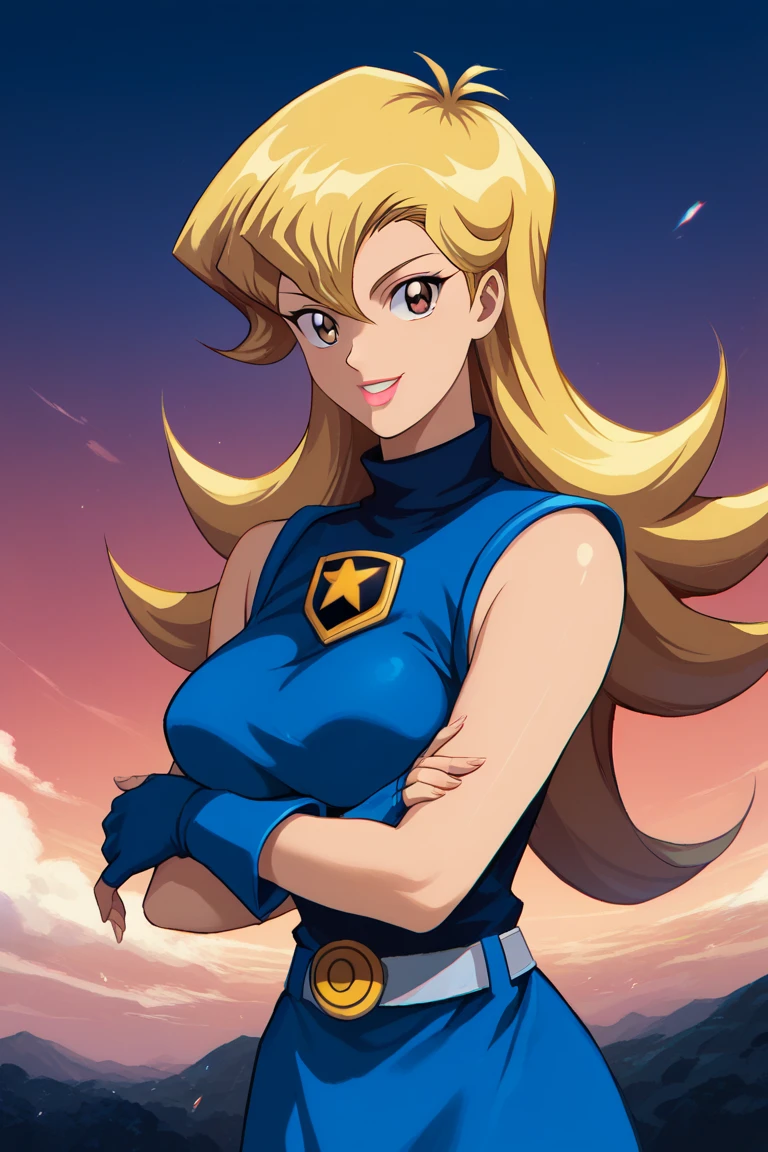 PonyXLV6_Scores BREAK (1980s (style), retro artstyle, perfect anatomy, perfect eyes, cowboy shot), BREAK Yu-Gi-Oh! GX Alexis Rhodes, 1girl, solo, blonde hair, brown eyes, hair between eyes, long hair, big breasts, pink lipstick, smile, cute anime eyes,  duel academy uniform \(yu-gi-oh! gx\), hair between eyes, long hair, looking at viewer, shiny, shiny hair, sky, sleeveless, sleeveless shirt, turtleneck, blue skirt, gloves, fingerless gloves, crossed arms